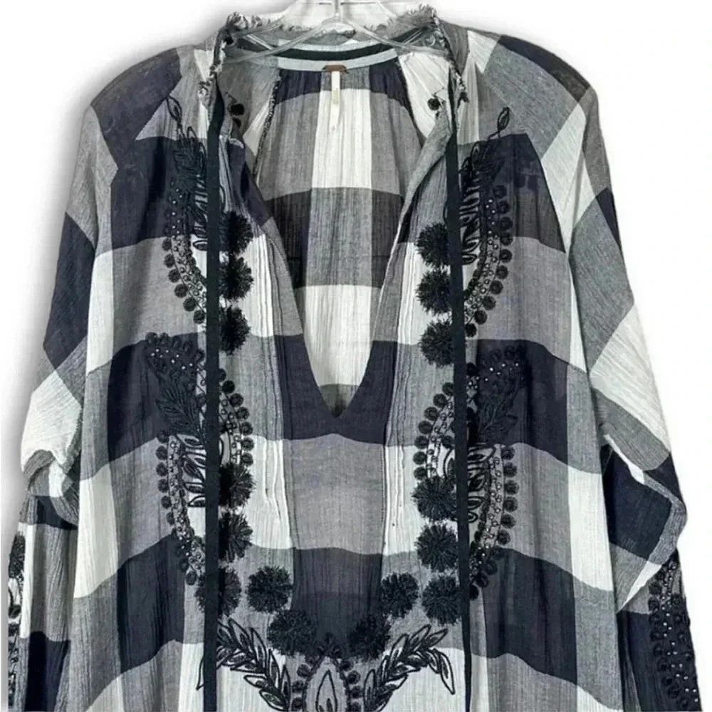 Free People Embroidered & Beaded Buffalo Plaid Gauze
Long Sleeve Tunic Top Sz S - Picture 6 of 13